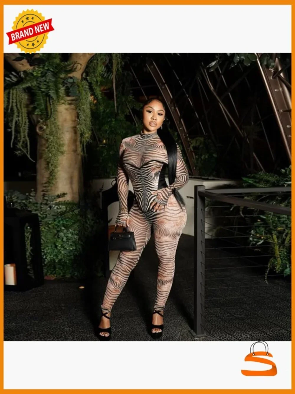 Long Sleeve Zebra Print Sheer Bodycon Jumpsuit for Women